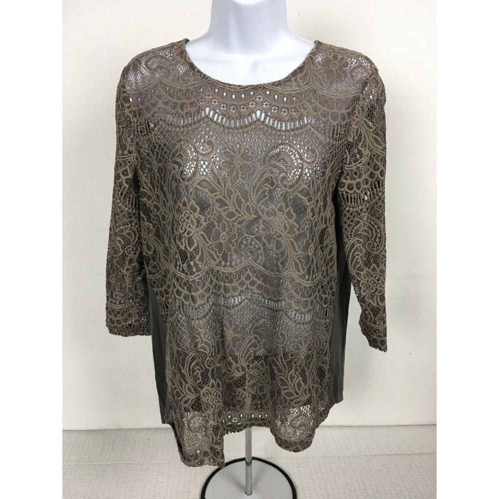 Maurices Womens Lace Overlay Top Size L 3/4 Sleeves Brown Gray Sheer Front